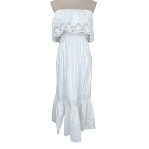 Ellison White Strapless Maxi Dress Cotton Crochet Lace Ruffle Tiered Boho Medium